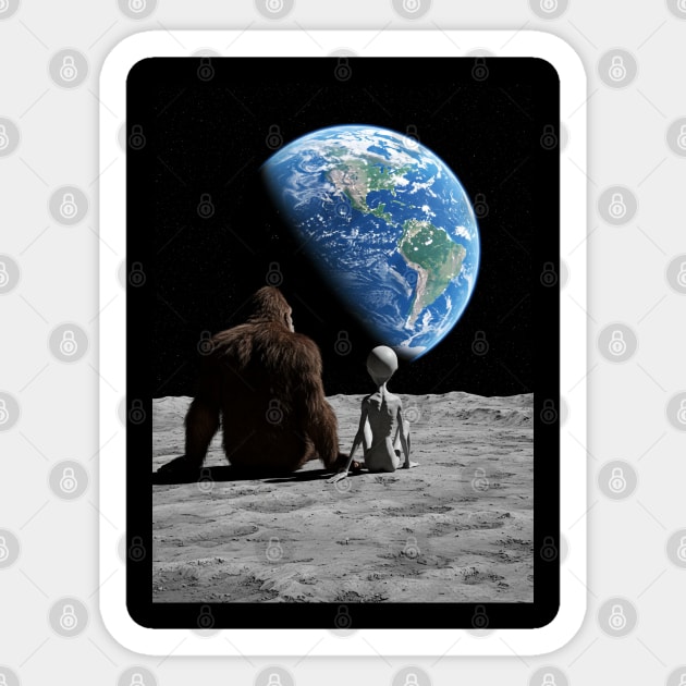 Bigfoot and Alien Watching the Earth from the Moon Sticker by Megadorim